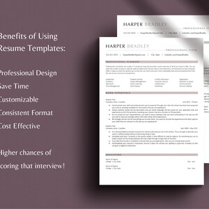 May include: A resume template with a list of benefits for using resume templates. The benefits include professional design, saving time, being customisable, having a consistent format, and being cost effective. The template also includes a professional summary, work experience, and education sections.