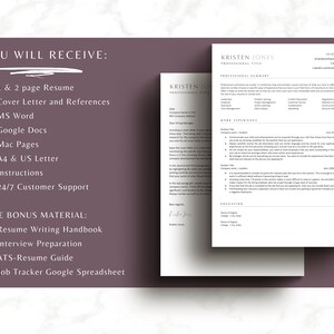 May include: A digital download of a resume template with a cover letter and other bonus materials. The resume template is designed for a professional job seeker. The template is in a modern, minimalist style with a white background and black text. The text on the page includes "You Will Receive:" and lists the items included in the download. The text also includes "Free Bonus Material:" and lists the bonus materials included in the download.