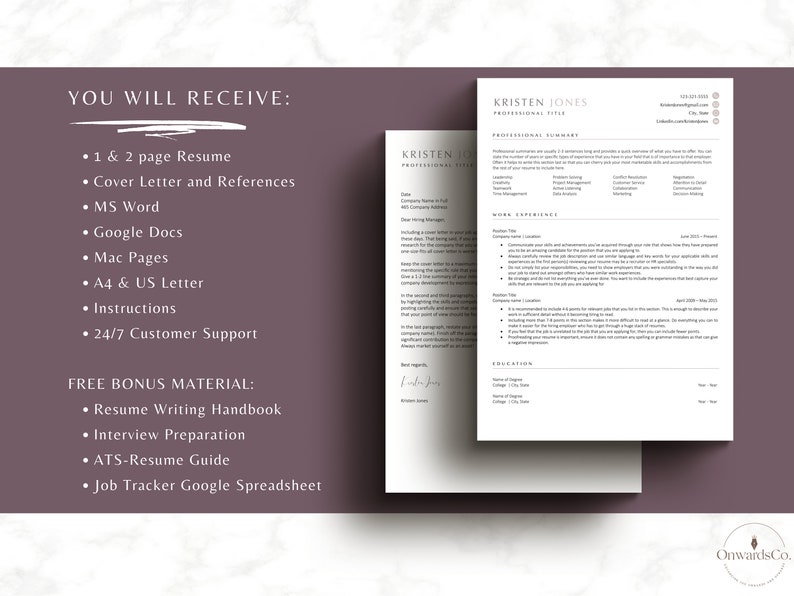 May include: A digital download of a resume template with a cover letter and other bonus materials. The resume template is designed for a professional job seeker. The template is in a modern, minimalist style with a white background and black text. The text on the page includes "You Will Receive:" and lists the items included in the download. The text also includes "Free Bonus Material:" and lists the bonus materials included in the download.