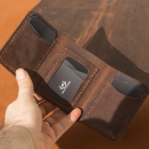 Cartera de cuero genuino de tres pliegues personalizada hecha a mano / Calidad superior y personalización