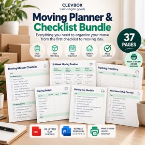 Può includere: Un pacchetto digitale di pianificatore e lista di controllo per traslochi di Clevbox con 37 pagine. Include una lista principale, una cronologia di 8 settimane, inventario, budget, lista per il giorno del trasloco e configurazione casa.