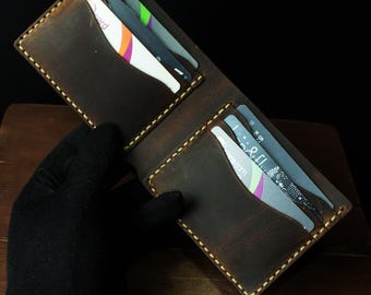 Portefeuille en cuir personnalisé, Portefeuille à deux volets, Portefeuille pour homme en cuir pleine fleur Crazy, Porte-cartes cousu main, Cadeau d'anniversaire
