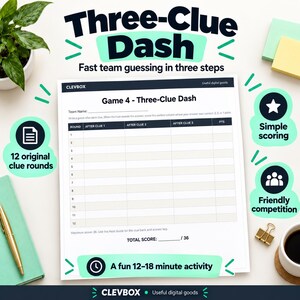 Op de afbeelding: Een printbaar spelblad getiteld Three-Clue Dash met een scoretabel voor 12 rondes. Het document bevat kolommen voor gissingen na drie aanwijzingen en puntentotalen. De tekst bevat Fast team guessing in three steps en 12 original clue rounds.