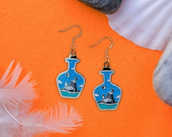 Puffin Hard Enamel Glitter Earrings - Simplistic Cute Geographical Gift Sea Bird Enthusiasts Seaside Scotland Souvenir Scottish Collection