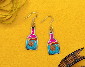 Highland Cow Hard Enamel Glitter Earrings - Simplistic Cute Geographical Gift Mountain Hiking Loch Scottish Collection Souvenir