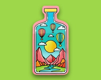 Hot Air Balloon Vinyl Sticker - Modern Simplistic Bold Mountains Illustration Bright Colourful Design Wonders of the World Collection Decals