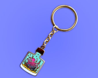 Octopus Hard Enamel Glitter Keyring - Simplistic Cute Fantasy Sea life Underwater Gift Wonders of the World Collection