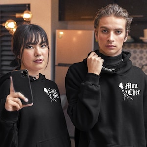 Cara Mia & Mon Cher Matching Couples Unisex Hoodies | Morticia Gomez Addams Family Romantic Sweater His Hers Valentines Anniversary Gifts
