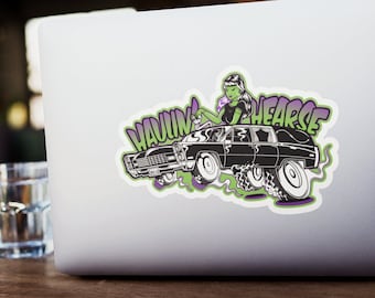 Naklejka winylowa z wodoodpornym nadrukiem "Haulin' Hearse" | Psychobilly Rockabilly Monsters Rat Rod Lowbrow Kustom Kulture Horror Punk Graphic Art