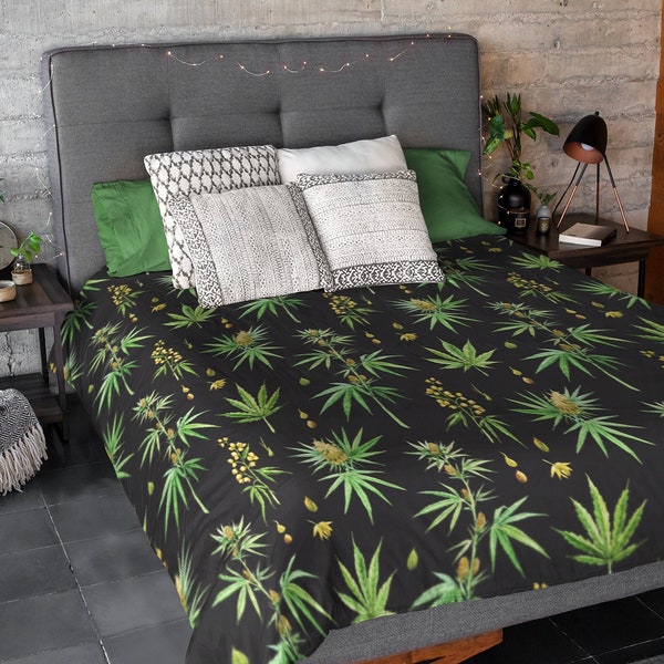 Cannabis Watercolor Duvet Covers & Pillow Shams | Marijuana Weed Bud Reefer Botanical Bohemian Comforter Bedding Bed Sheets Blankets Decor