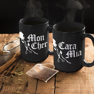 Cara Mia & Mon Cher Matching Couples Mugs, 11oz or 15oz | Morticia Gomez Addams Family Romantic Kitchen His Hers Wedding Anniversary Gifts