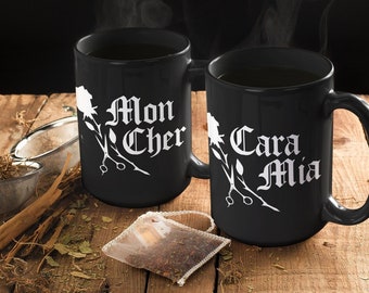 Cara Mia & Mon Cher Matching Couples Mugs, 11oz or 15oz | Morticia Gomez Addams Family Romantic Kitchen His Hers Wedding Anniversary Gifts