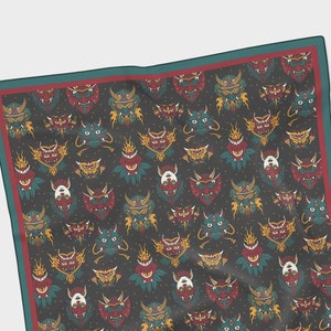 Demon Mask Print Chiffon Scarf | Psychobilly Japanese Hannya Oni Tattoo Vintage Retro Pin Up Hair Accessories Headband Bandana Neckerchief