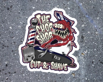 The Chop Shop Waterproof Die-Cut Stickers | Psychobilly Rockabilly Monsters Rat Rod Lowbrow Kustom Kulture Horror Punk Barbershop Art