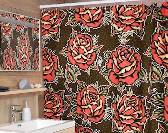 Rose Tattoo Shower Curtains | Traditional American Sailor Jerry