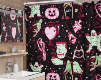 Distressed Halloween Love Print Shower Curtain | Cute Horror Valentines Kawaii Goth Punk Alternative Romantic Print Bathroom Home Decor