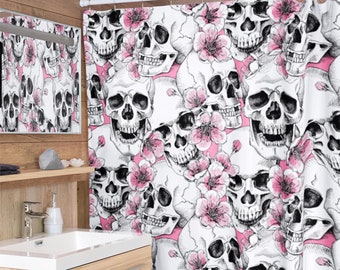 Douchegordijn kersenbloesem schedels | Skelet Halloween Bloemen Botanische Horror Gothic Witchy Whimsigoth Roze Badkamer Woondecoratie Geschenken