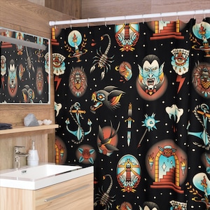 Tattoo Print Shower Curtain | Unique Eccentric Alternative Goth Dark Kitsch Retro Vintage Flash Rockabilly Psychobilly Bathroom Home Decor