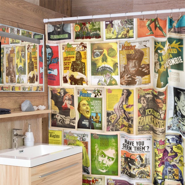 Retro Monsters Shower Curtains | Vintage Horror Comics Movie Monsters Sci-Fi King Kong Godzilla Unique Kitsch Bathroom Home Decor