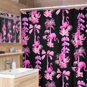 Flamingo-Duschevorhang | Retro Vintage tropisch exotischer Vogel Vogel rosa schwarz botanische Blumen einzigartige exzentrische Badezimmer Wohnkultur Geschenke