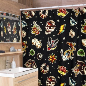 Tattoo Print Shower Curtain | Unique Eccentric Alternative Goth Dark Kitsch Retro Vintage Flash Rockabilly Psychobilly Bathroom Home Decor