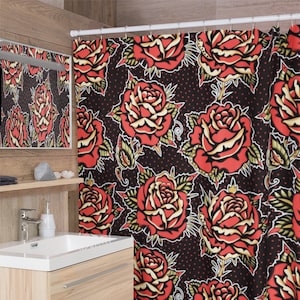 Rose Tattoo Shower Curtains | Traditional American Sailor Jerry Psychobilly Rockabilly Punk Retro Vintage Pin Up Bathroom Home Decor Gifts
