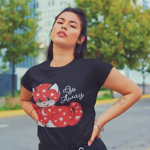 Go Away Vintage Kitten Anti Valentines Day Women&#39;s Tee | Festive Retro Kawaii Pin Up Style Graphic Shirts Kitsch Art Galentines Gifts