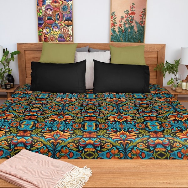 Orange Teal Floral Duvet Covers & Pillow Shams | Colorful Mexico Mexican Embroidery Inspired Cottagecore Comforter Bedding Sheets Home Decor