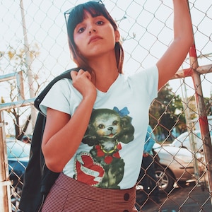 Piss Off Vintage Puppy Anti Valentines Day Women&#39;s Tee | Festive Retro Kawaii Pin Up Style Graphic Shirts Kitsch Art Galentines Gifts