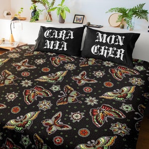 Butterfly Tattoo Print Duvet Cover & Pillow Shams | Rockabilly Old School Traditional Vintage Retro Bed Sheets Comforter Bedding Home Decor