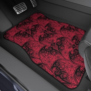 Red Bats and Spiderwebs Lace Print Car Mats | Alternative Goth Punk Horror Personalized Truck SUV Automotive Floor Protection Unique Gifts