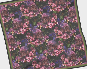 Floral Skulls Chiffon Scarf | Whimsigoth Witchy Horror Goth Punk Hair Accessory Fashion Headband Bandana Neckerchief Valentine Gift Present