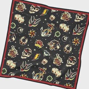 Sailor Tattoos Chiffon Scarf | Rockabilly Old School Traditional Vintage Retro Pin Up Hair Accessories Headband Bandana Neckerchief