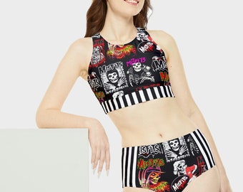 Misfits Print High-Waist & Neck Bikini Set | Horror Punk Goth Rock Band Swimsuit Bathing Suit Swimwear Beach Pool Summer