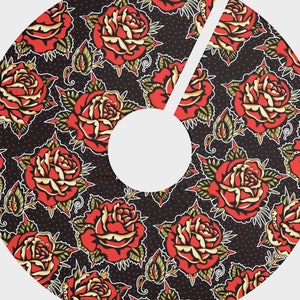 Rose Tattoo 43-inch Christmas Tree Skirt | Traditional Sailor Ink Rockabilly Alternative Punk Winter Seasonal Holiday Home Decoration Gift