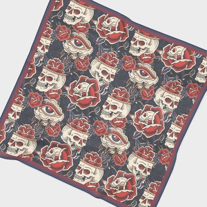 Tattoo Skulls Chiffon Scarf | Traditional American Sailor Psychobilly Rockabilly Retro Vintage Pin Up Hair Accessory Headband Bandana Gifts