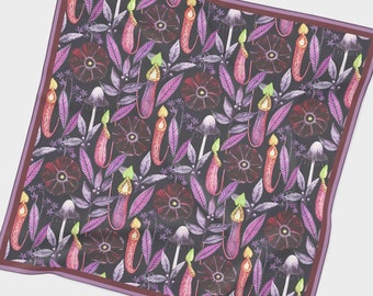 May include: A purple and black square scarf with a repeating pattern of pink flowers, green leaves, and purple pitcher plants.