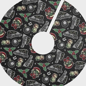 Holiday Ink 43-inch Christmas Tree Skirt | Horror Gothic Psychobilly Hearse Spooky Tattoo Print Krampus Winter Seasonal Home Decoration Gift