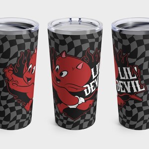 Hot Stuff Wavy Checkered Tumbler 20, oz. | Little Devil Vintage Retro Cartoons Kawa Herbata Gorąca Zimna Podróżny Kubek Butelka Naczynia Do Szklankę Kuchnia Prezenty
