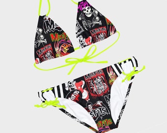 Misfits Print Strappy Triangle Bikini Set | Horror Punk Goth Rock Band Swimsuit Bathing Suit Swimwear Beach Pool Summer