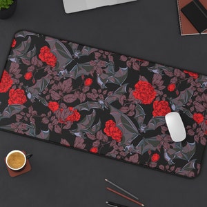 Floral Bats Desk Mat | Gothic Dark Coquette Witchy Whimsigoth Vampire Horror Computer Laptop Office Tech Gaming Setup Mouse Pad Gift Present