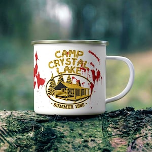 Tazza da campeggio in smalto Bloody Camp Crystal Lake / Venerdì 13 Jason Voorhees Tazza da caffè da viaggio all'aperto Tumbler Regali per la festa del papà