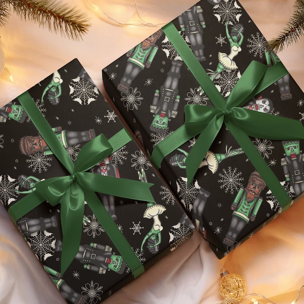 Monsters Nutcracker Wrapping Paper | Horror Goth Frankenstein Christmas Winter Holiday Present Gift Wrap Crafting Stationary Packaging