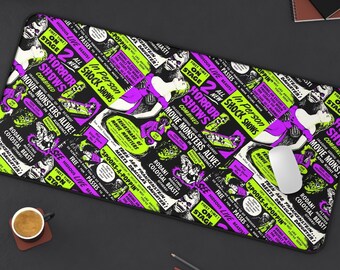 Live Spook Show Desk Mat | Retro Horror Monsters Frankenstein Goth Punk Computer Laptop Office Tech Gaming Setup Mouse Pad Gifts Presents