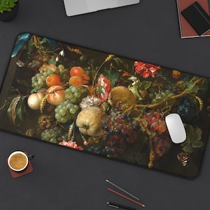 May include: A vintage still life painting depicting a selection of fruits, including grapes, apples, and pears, arranged on a table against a dark backdrop. The painting is rich in detail and colour, with a focus on the textures and shapes of the fruit.