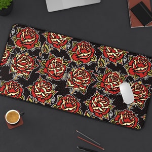 Rose Tattoo Desk Mat | Traditional Old School Sailor Ink Unique Rockabilly Computer Laptop Office Tech Gaming Setup Mouse Pad Gifts Presents