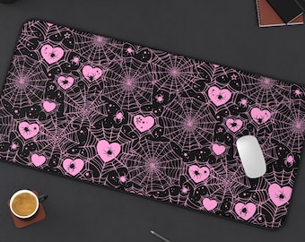 White or Pink Spiderweb Hearts Desk Mat | Pastel Kawaii Gothic Emo Cute Computer Laptop Office Tech Gaming Setup Mouse Pad Gifts Presents
