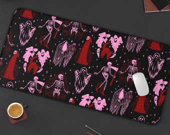 Pink Reaper Desk Mat | Goth Punk Horror Demon Skull Ghost Doodle Computer Laptop Office Tech Gaming Setup Mouse Pad Gifts Presents