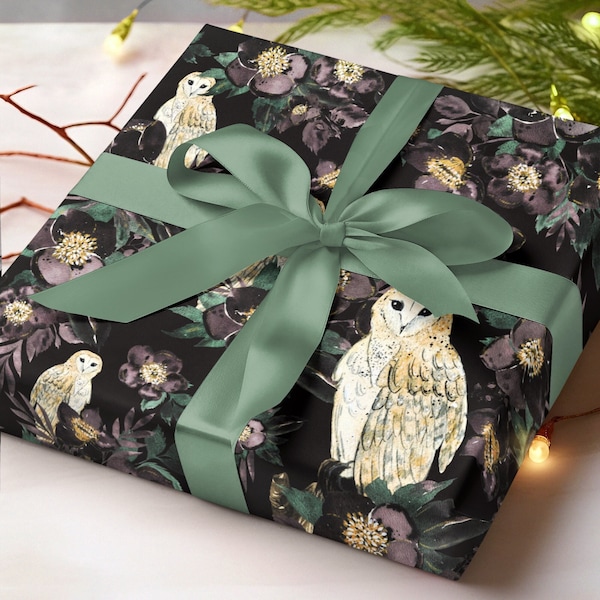 Owl Watercolor Wrapping Paper | Boho Goth Witchy Whimsigoth Christmas Winter Holiday Present Gift Wrap Crafting Stationary Packaging