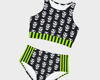 Misfits Print High-Waist & Neck Bikini Set | Horror Punk Goth Rock Band Swimsuit Bathing Suit Swimwear Beach Pool Summer